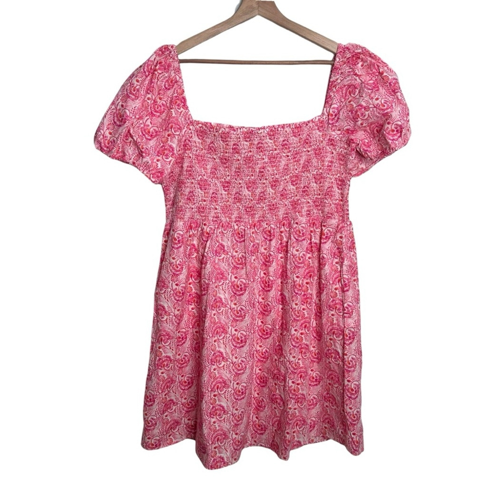J.Crew Puff-sleeve Smocked Mini Dress in Dandelion Swirl Pink Orange Size XL - Picture 9 of 11